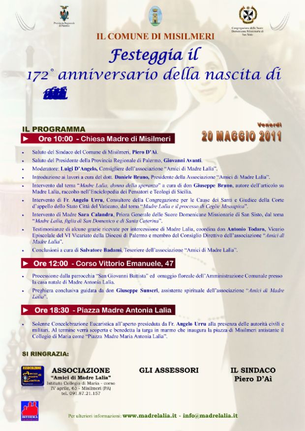 172° anniversario dalla nascita di Madre Lalia. Intitolata una Piazza. Le Foto