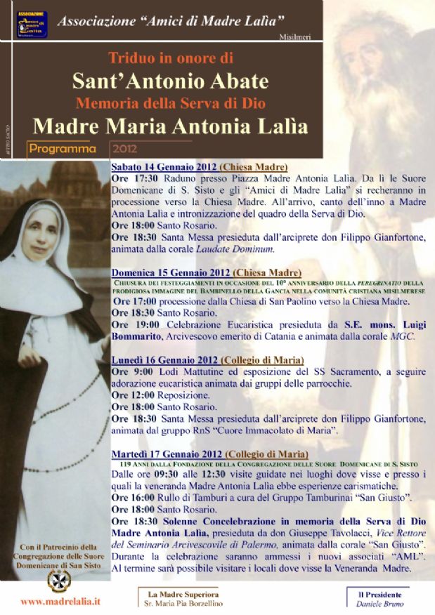 Festeggiamenti in onore di Madre Lalìa dal 14 gennaio