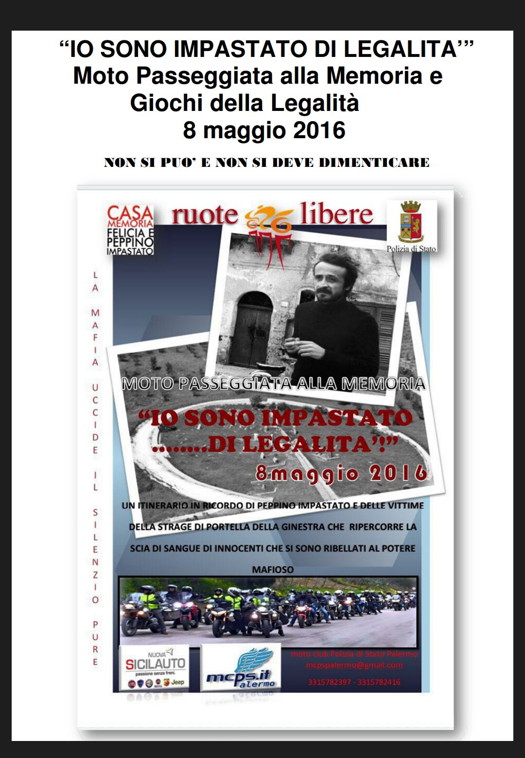 Moto passeggiata in memoria di Impastato, domenica tappa a Misilmeri